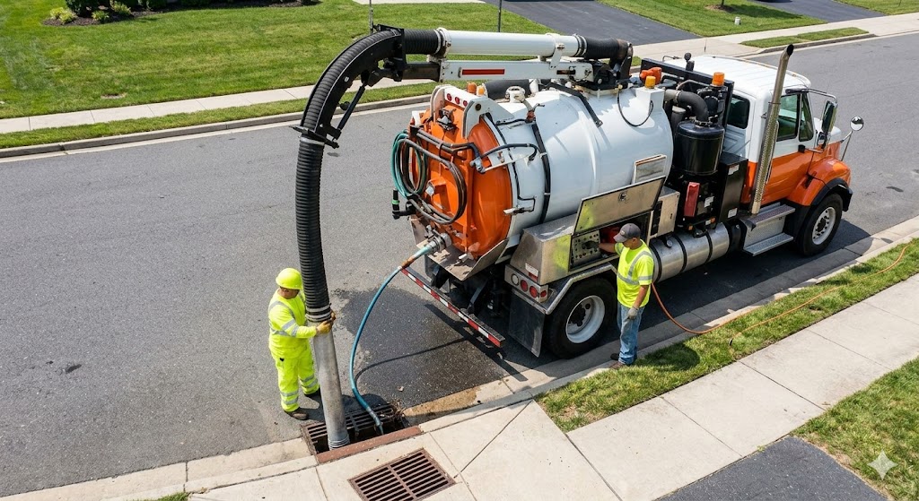A powerful, specialized combination sewer cleaner truck (resembling a Vactor unit) is parked on a suburban street. A two-person municipal crew, wearing high-visibility safety gear, is actively working. The main boom of the truck is positioned directly over an open catch basin (the grate has been removed). A large-diameter green vacuum hose is inserted into the sump. Simultaneously, the secondary operator is preparing the orange jetter hose reel. The lighting is bright and clear.